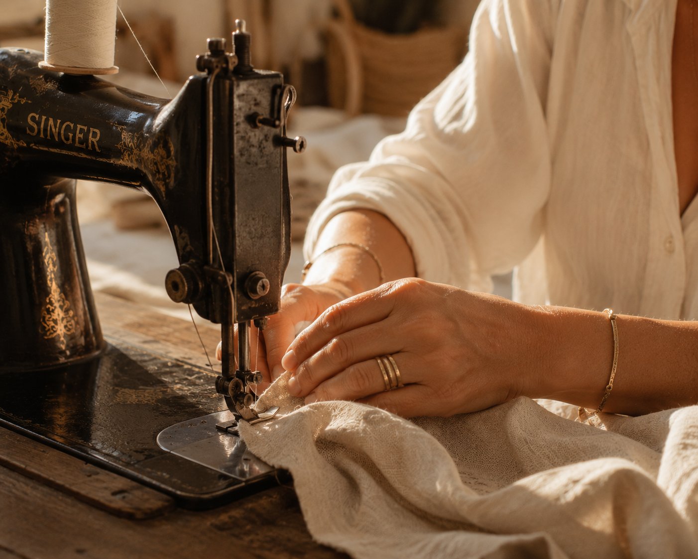 Main guidant le fil sur une machine à coudre ancienne Singer