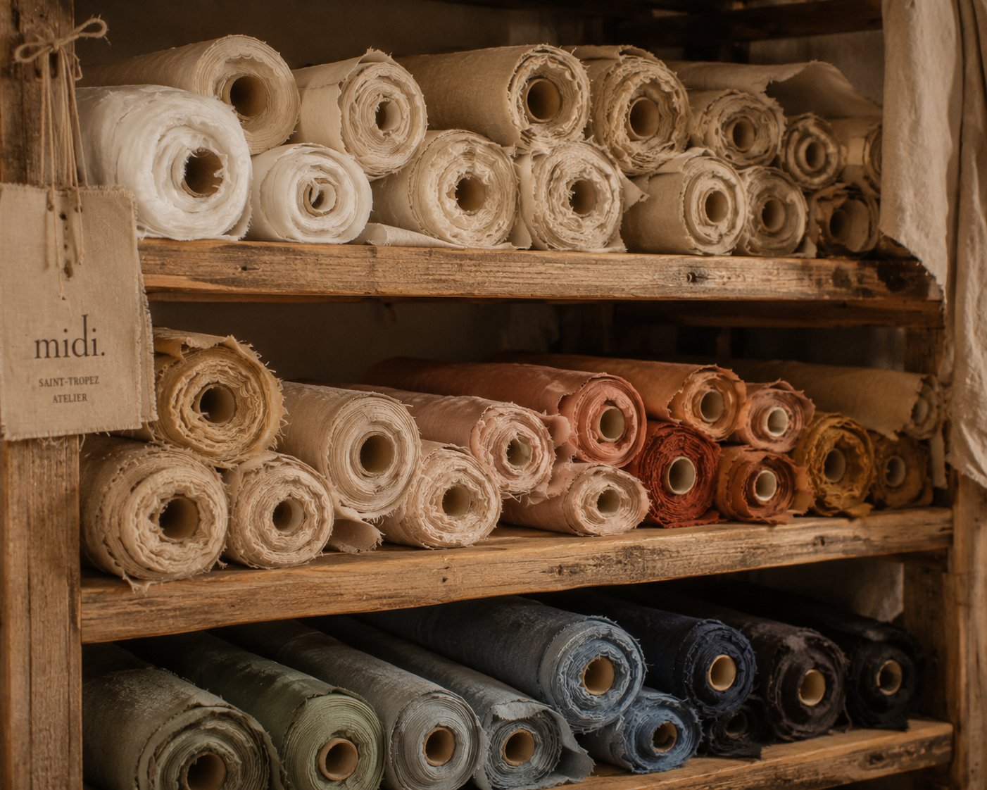 Rouleaux de lin et de soie rangés par teinte