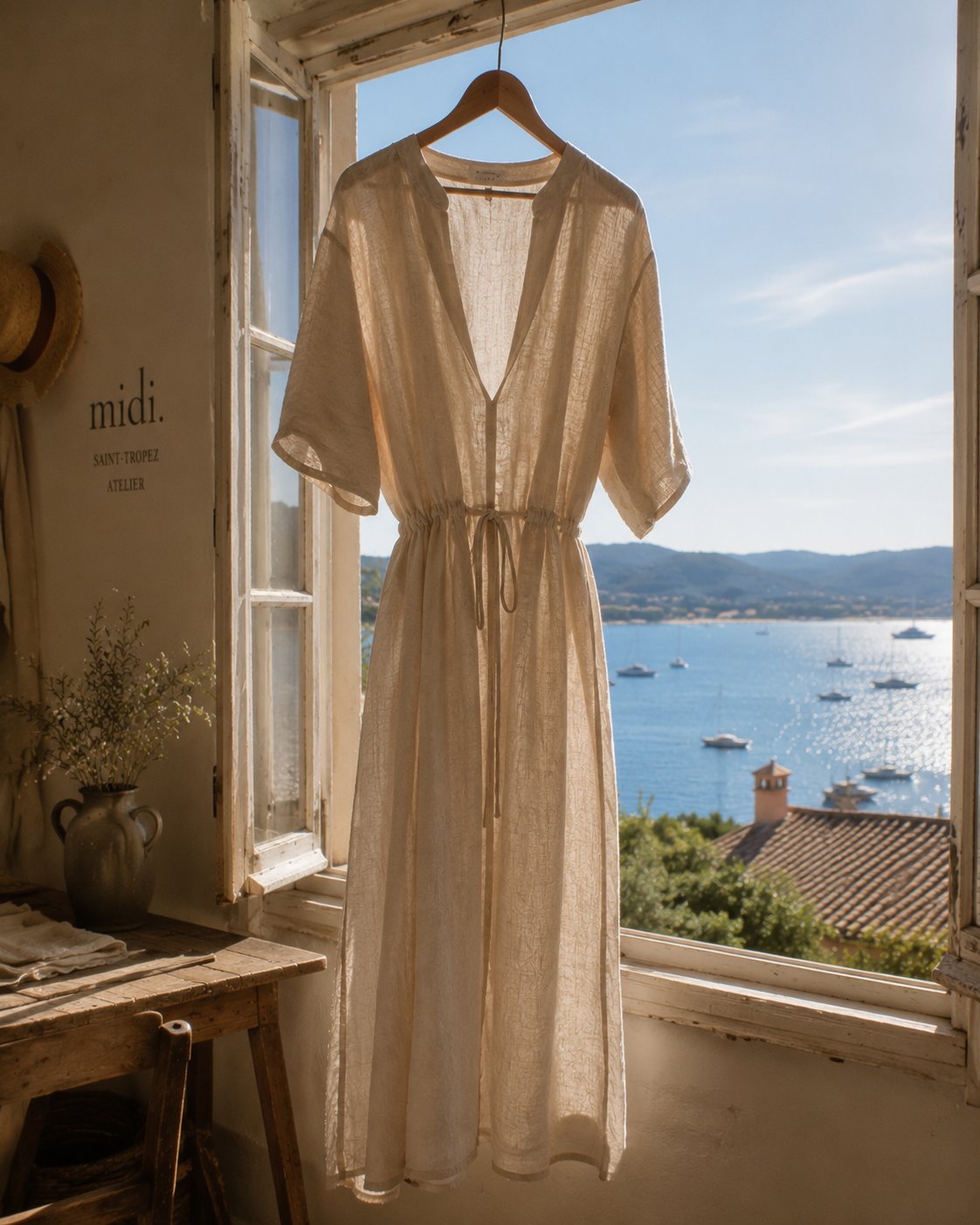 Robe en lin suspendue devant une fenêtre ouverte sur le Golfe de Saint-Tropez