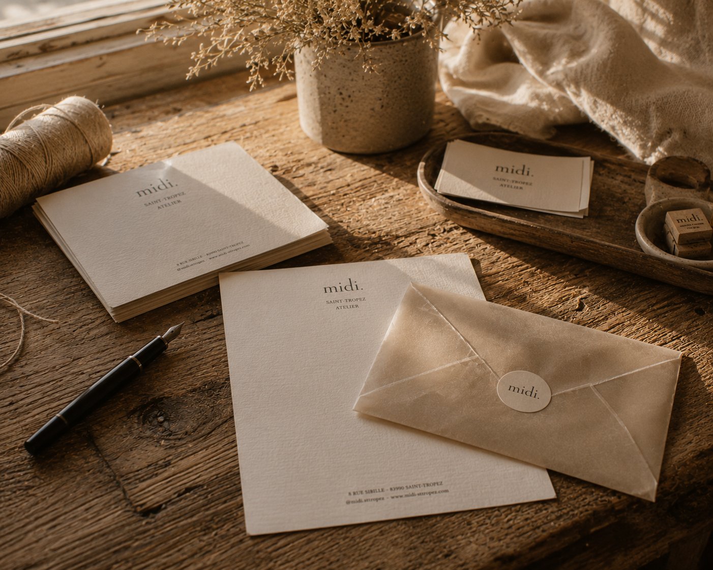 Papier à lettres midi. et enveloppe cirée sur une table de l'atelier de Saint-Tropez