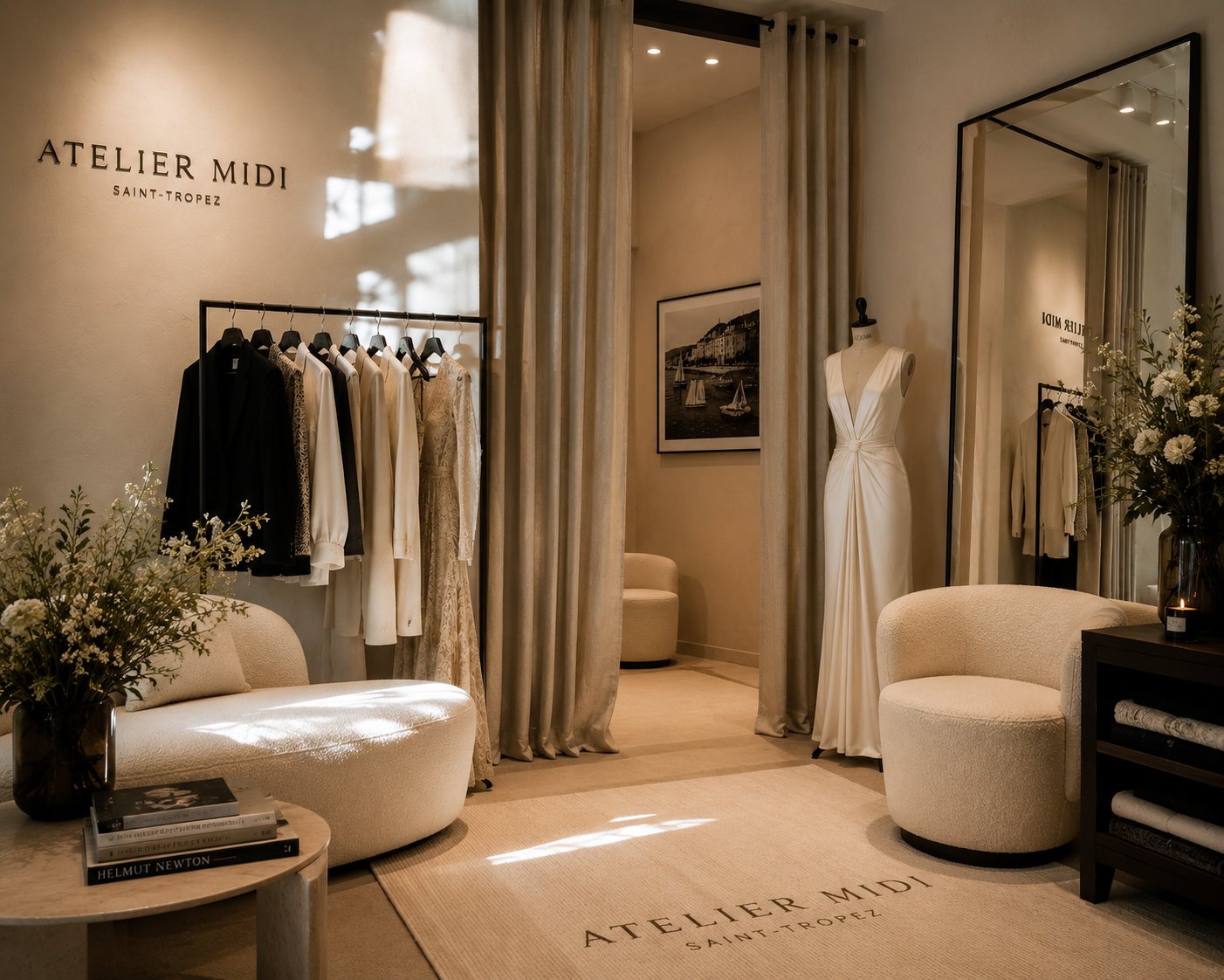 Salon d'essayage de l'atelier midi., robe sur mannequin et fauteuils bouclé