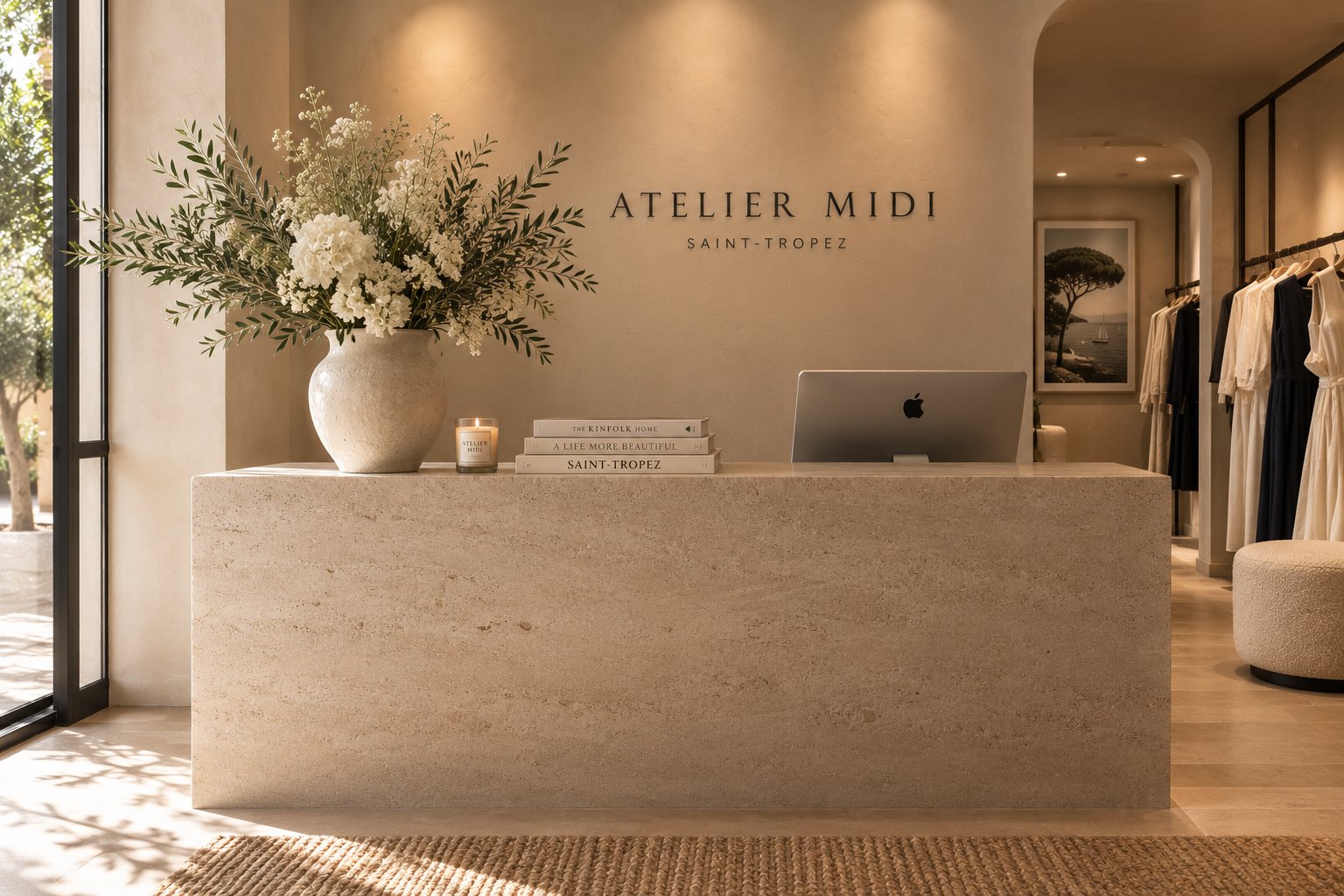 Comptoir d'accueil en pierre de l'atelier midi., enseigne au mur
