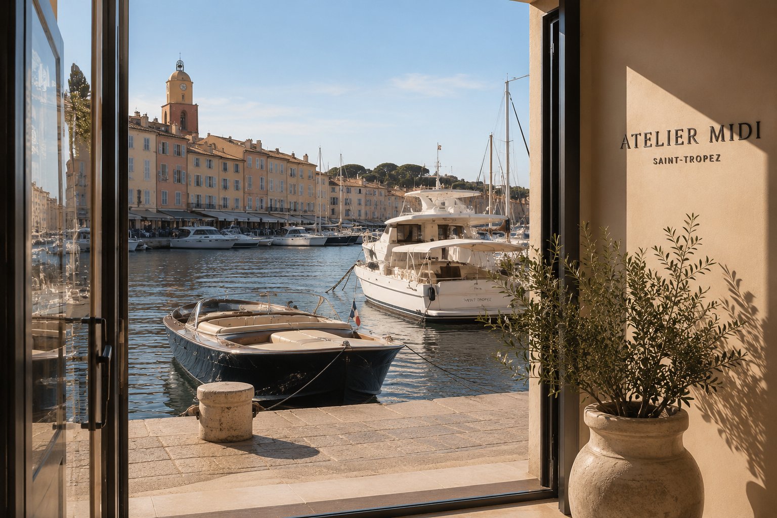 Vue sur le port de Saint-Tropez depuis la boutique midi.