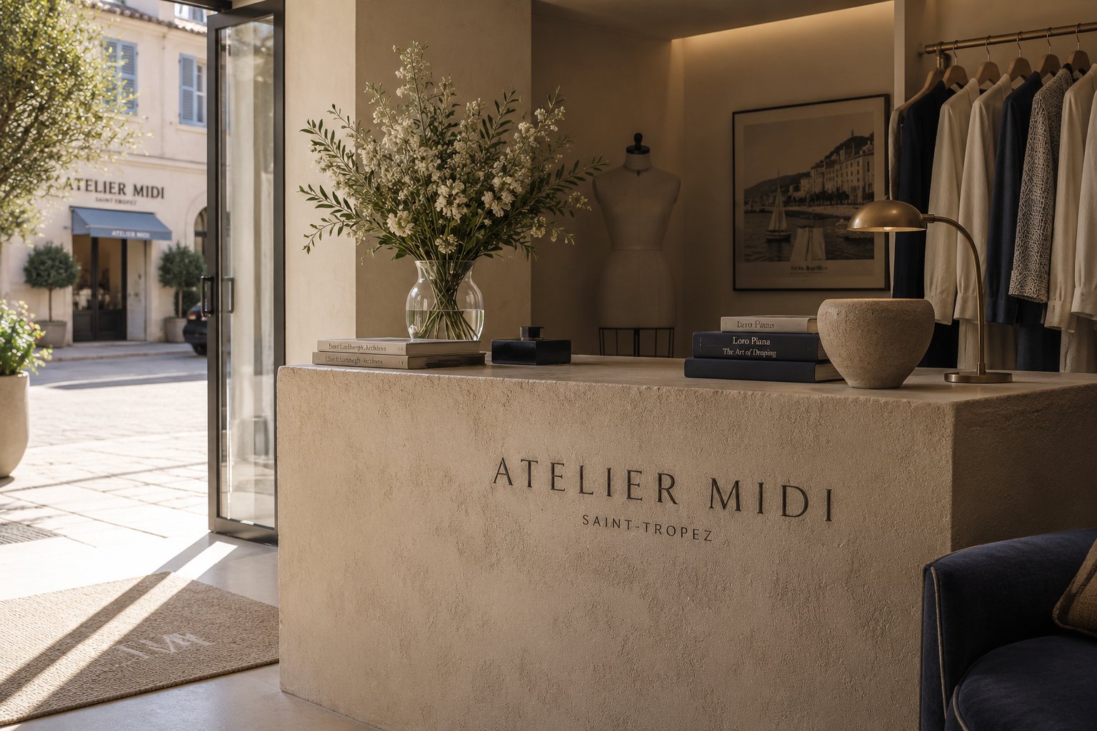 Comptoir de l'atelier midi. à Saint-Tropez, enseigne gravée dans la pierre