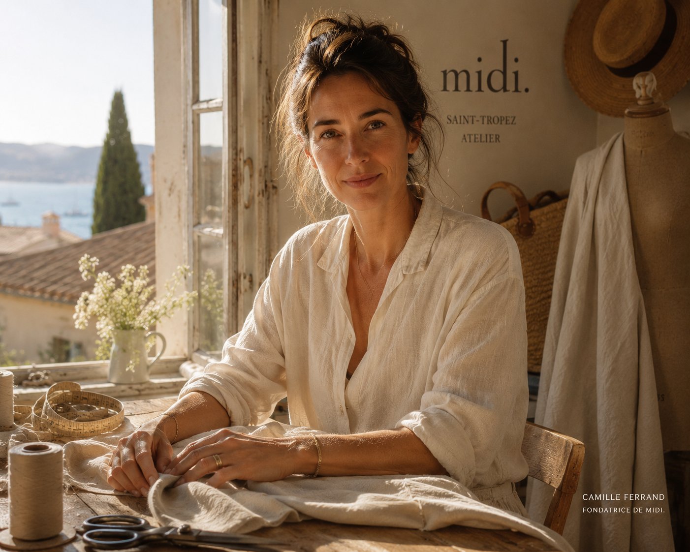Camille Ferrand, fondatrice de midi., dans l'atelier de Saint-Tropez