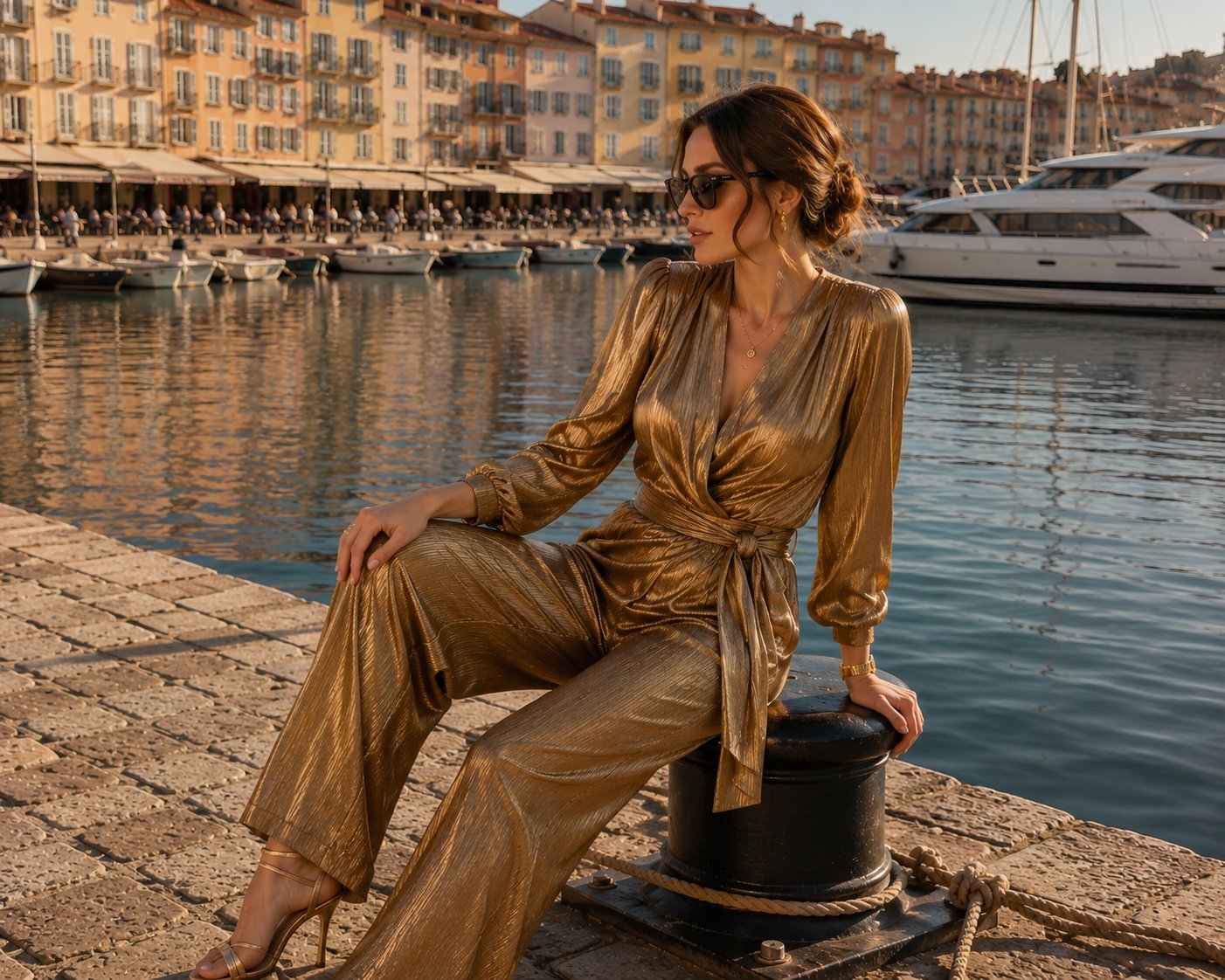 Silhouette 06 — La Combinaison Or Brûlé, combinaison dorée nouée à la taille sur le port de Saint-Tropez