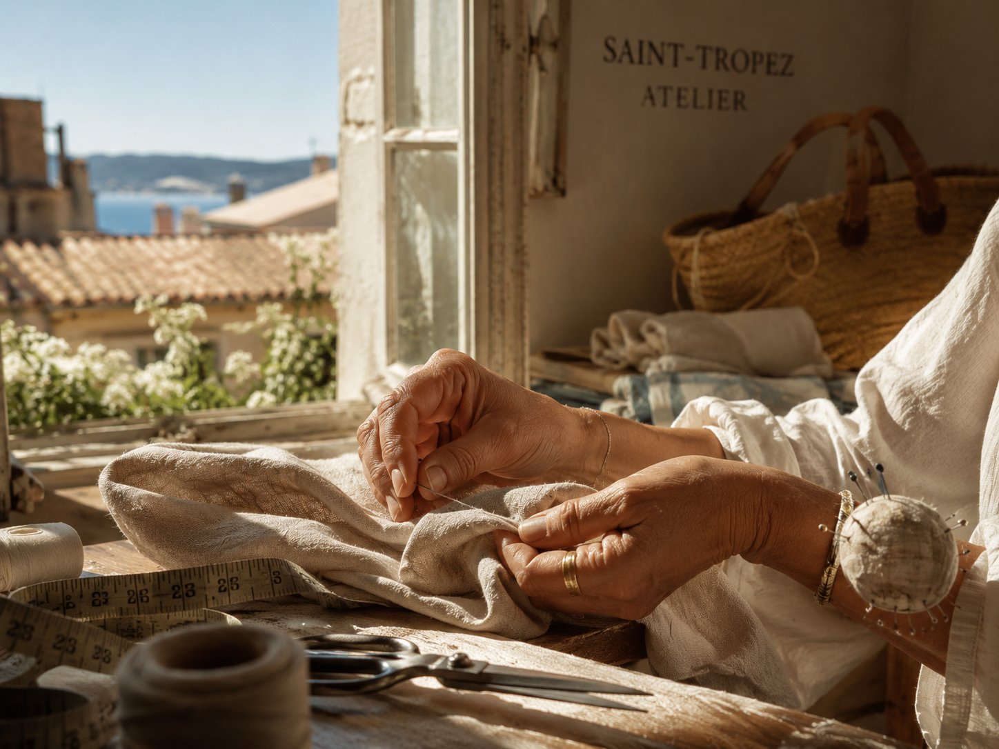 Mains d'une artisane cousant dans l'atelier midi., Saint-Tropez
