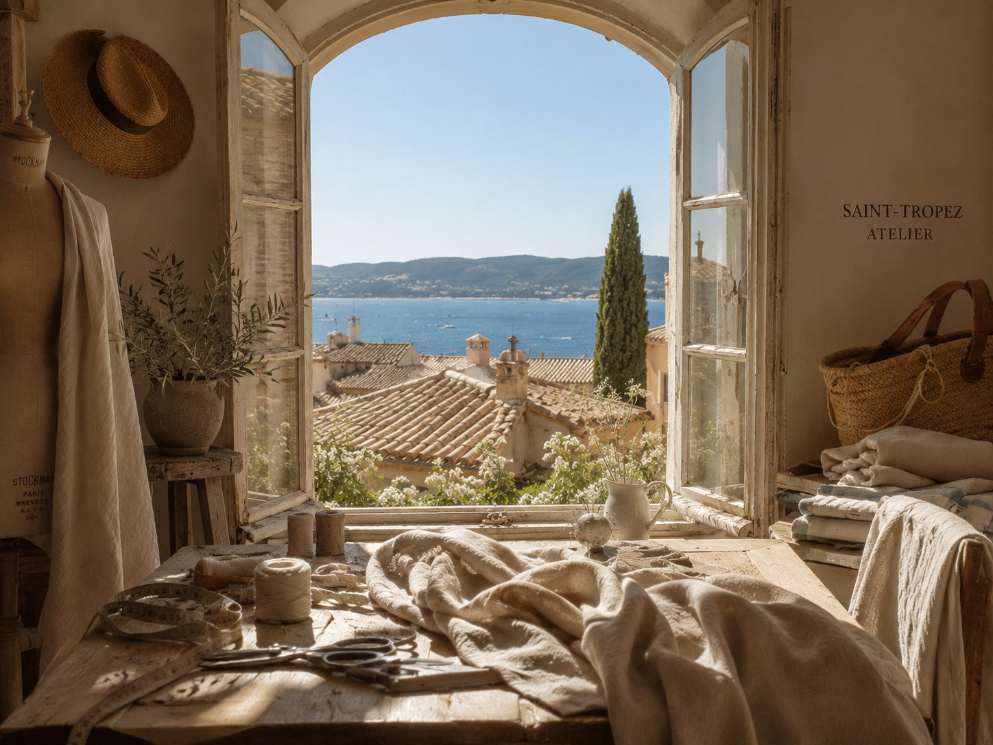 Table de l'atelier midi. devant une fenêtre ouverte sur le Golfe de Saint-Tropez
