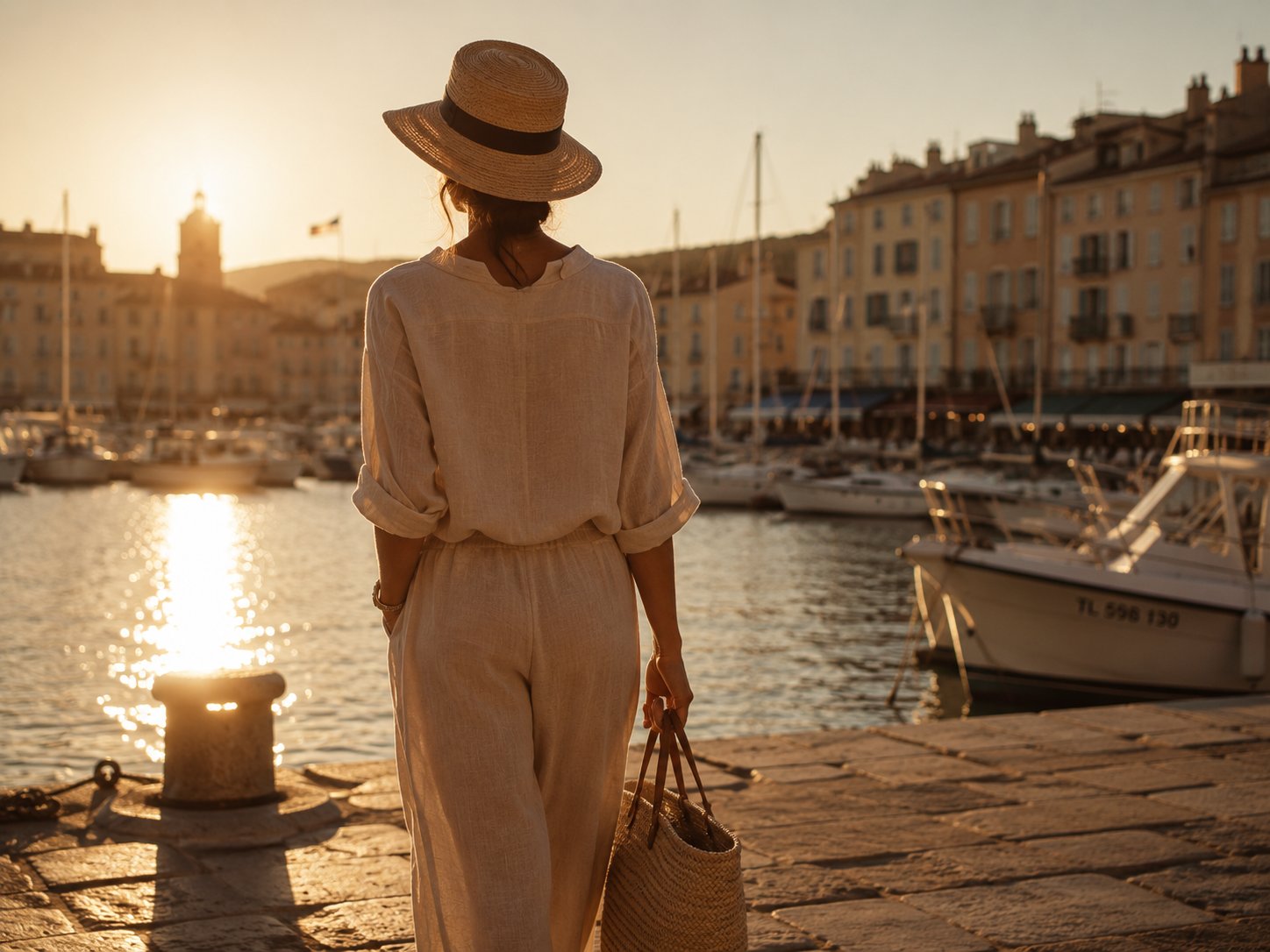 Silhouette midi. de dos, lumière rasante sur le port de Saint-Tropez au coucher du soleil